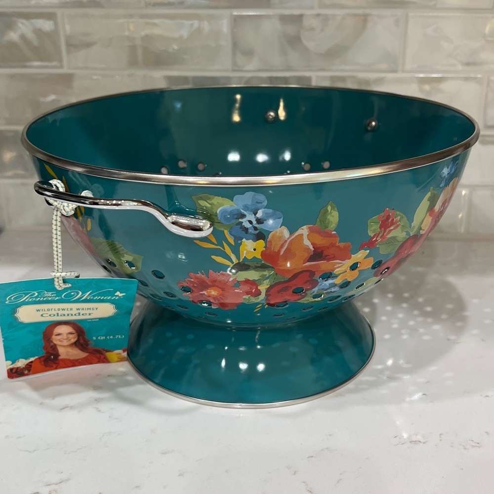 The Pioneer Woman Wildflower Whimsy Teal and Red Floral 5 Quart Colander NWT - Picture 5 of 10